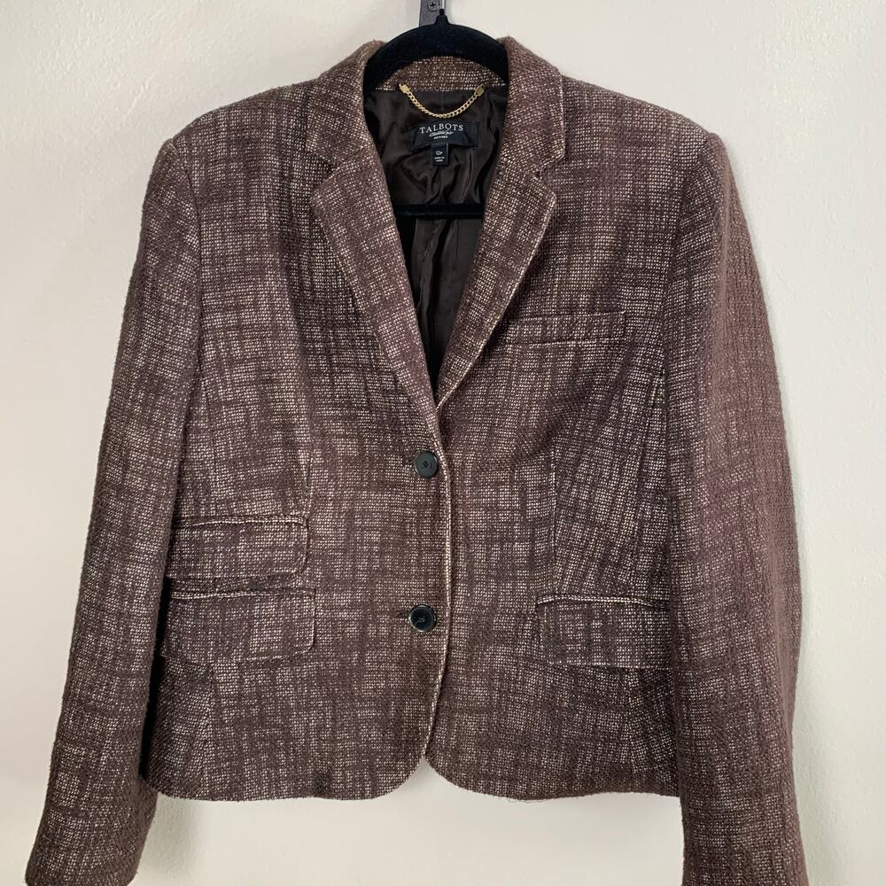 Talbots Petites Brown Tweed Skirt Suit 12P Career Business Jacket Cotton Linen - Picture 2 of 13